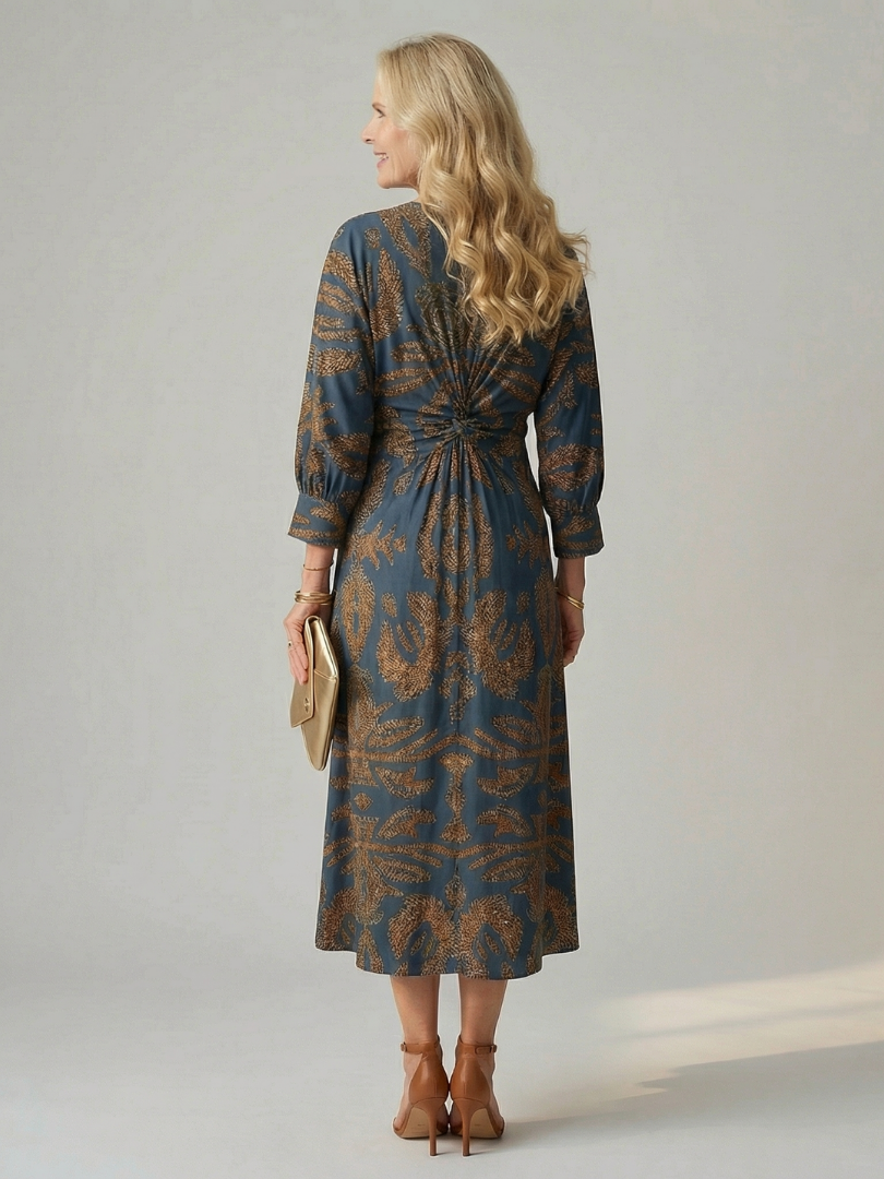 FJØRNA women's summer midi dress with long sleeves, wrap design, flowy fabric, and feminine style, perfect for warm weather.