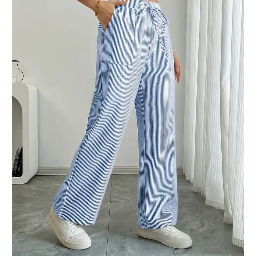 FJØRNA women's lightweight summer trousers with drawstring and striped pattern, casual and breathable for warm weather.