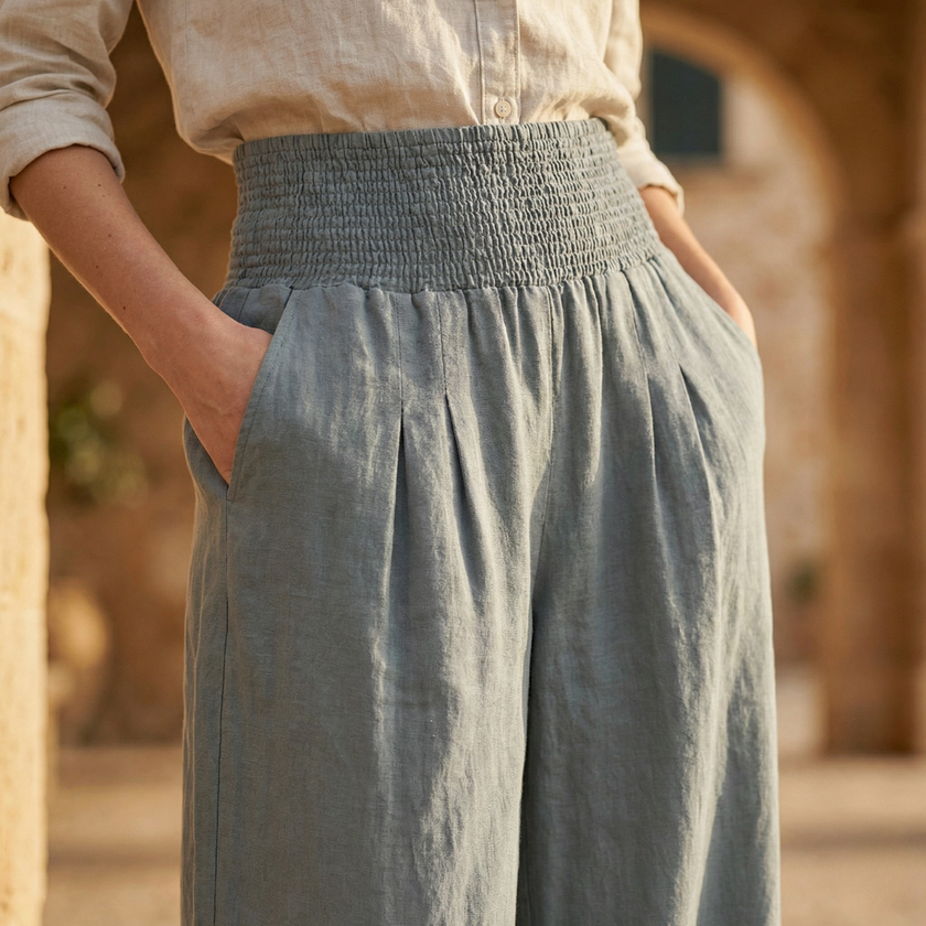 White high waist wide leg trousers for women by FJØRNA, featuring a relaxed fit and elegant style.