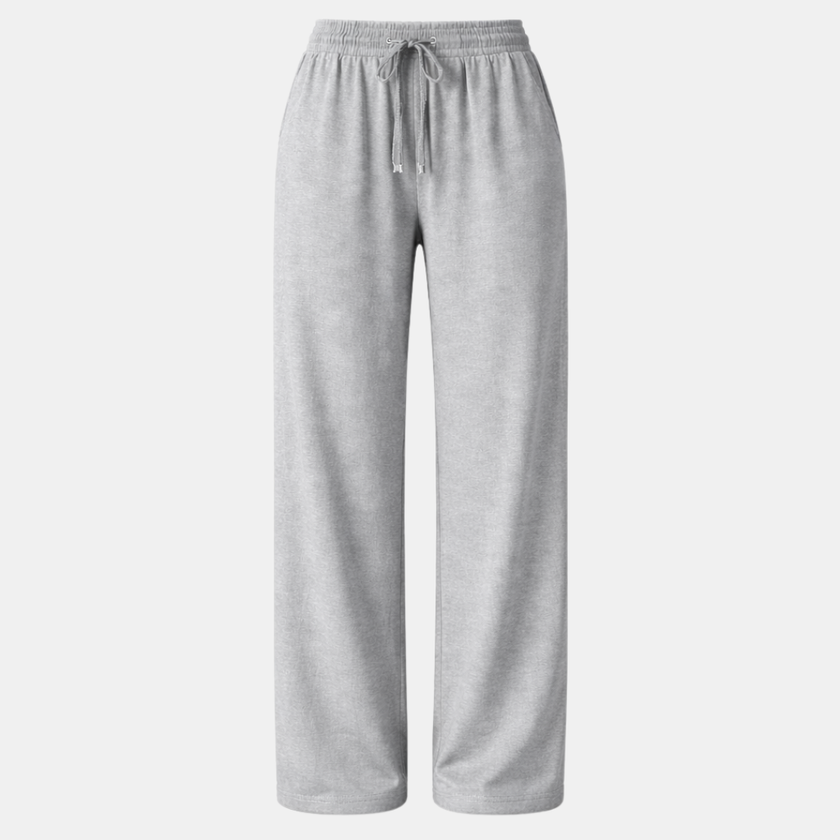 FJØRNA women's wide-leg drawstring lounge trousers, loose pull-on pants in soft fabric, perfect for comfortable casual wear.