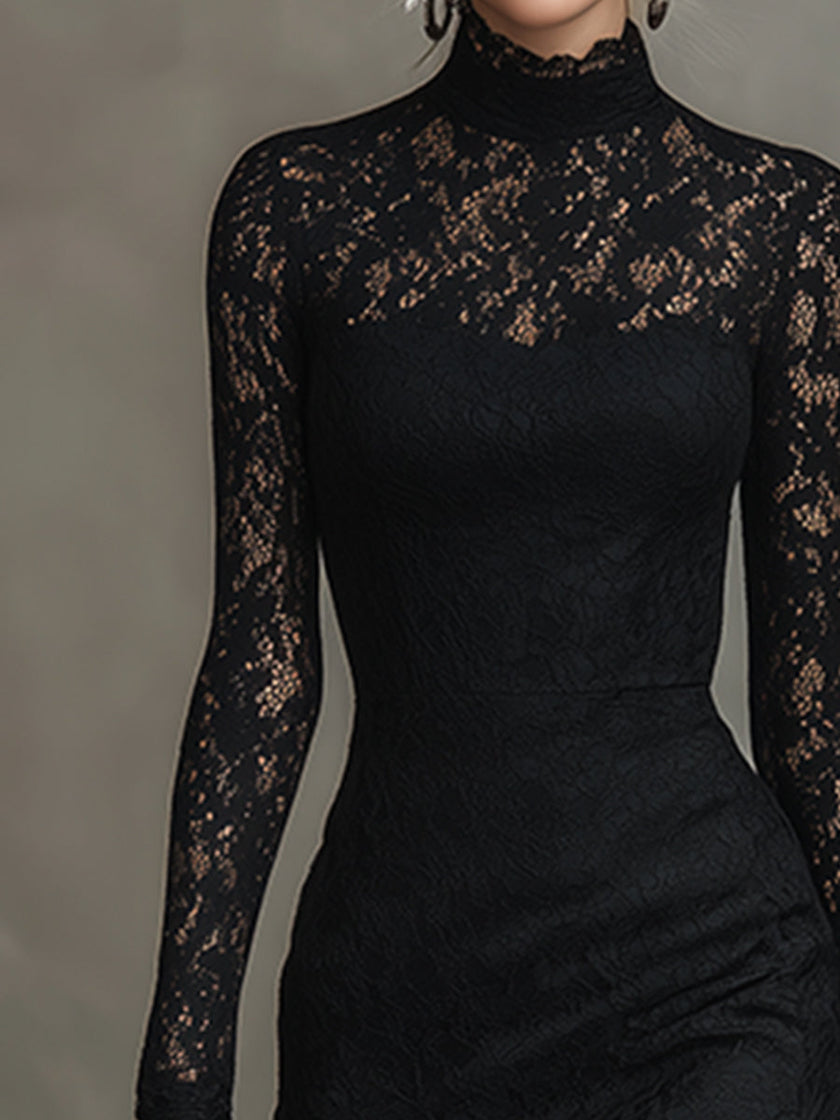 Black lace fishtail maxi dress by FJØRNA featuring intricate lace details and a fitted silhouette for elegant evening wear.
