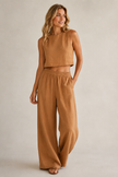 Two-Piece Set Women Cotton Sleeveless Crop Top Wide Leg