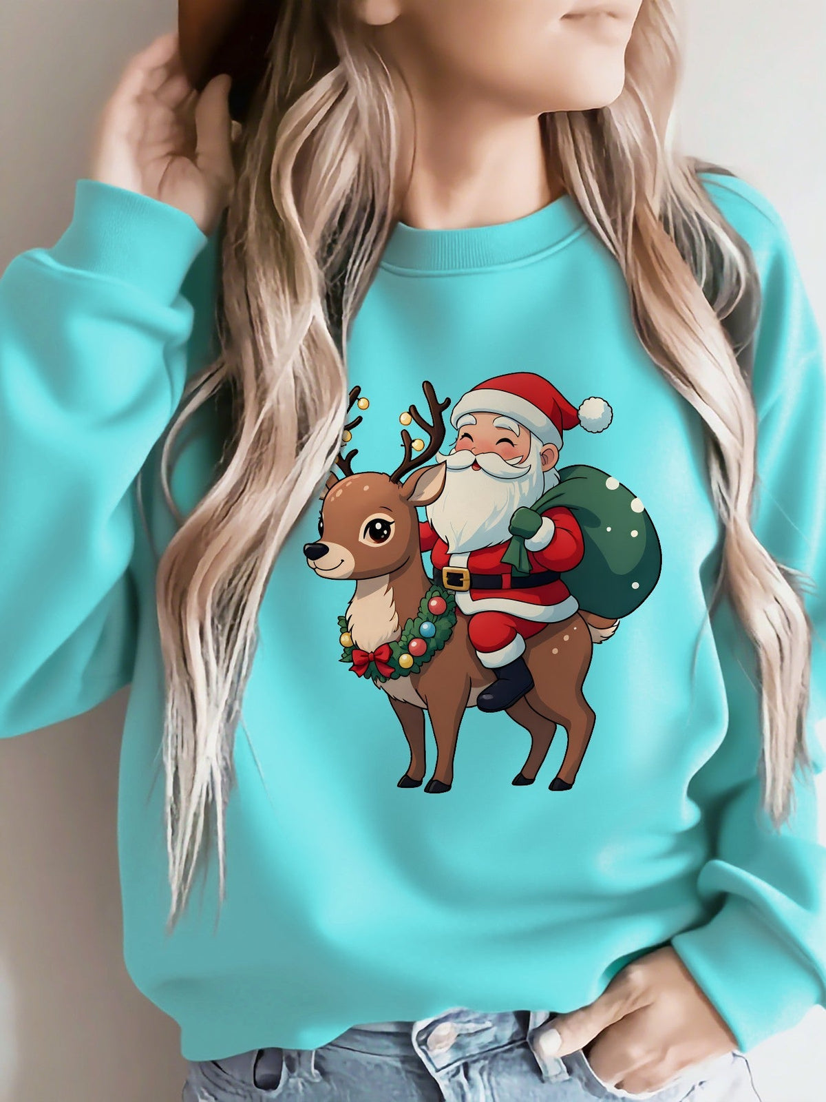 Ugly Christmas Sweater Reindeer Santa Fleece Crew Neck Tacky Holiday Jumper | Cosima