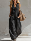 Black cotton linen sleeveless jumpsuit for women by FJØRNA, featuring a stylish and comfortable pants style with a relaxed fit.