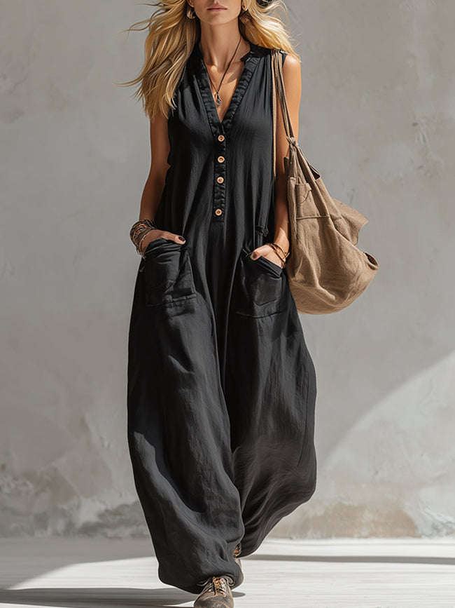 Black cotton linen sleeveless jumpsuit for women by FJØRNA, featuring a stylish and comfortable pants style with a relaxed fit.