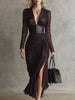Red faux leather maxi dress by FJØRNA, elegant evening dress with a flowing silhouette and sleeveless design, suitable for formal occasions.