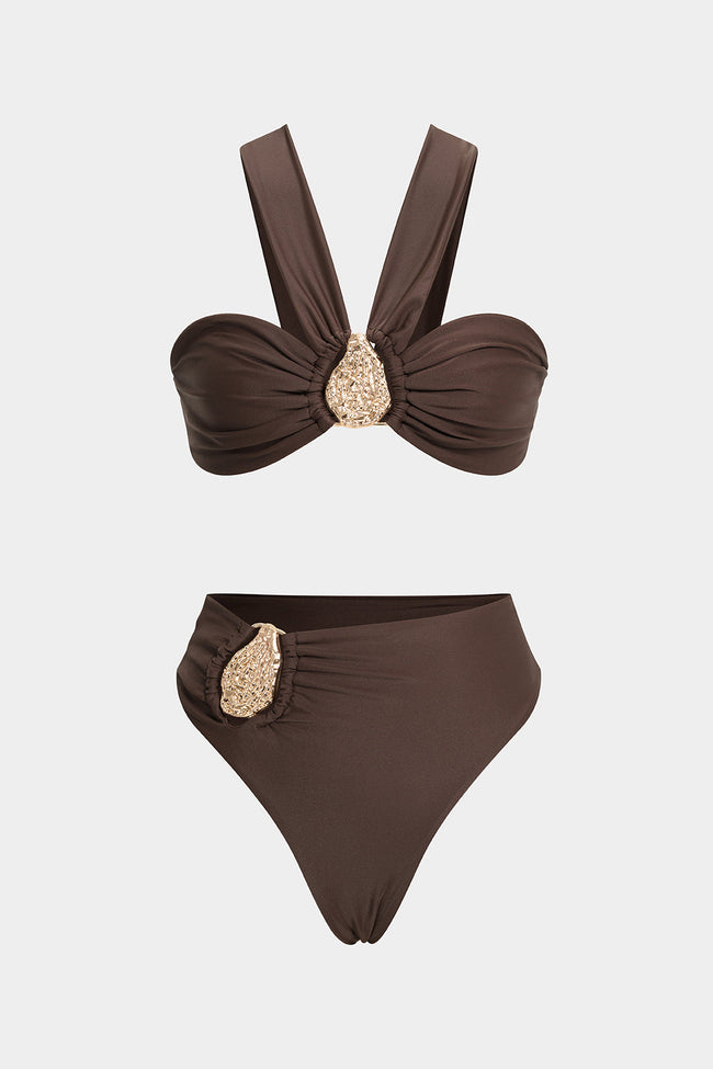 FJØRNA women's asymmetrical bikini set with unique design, featuring a stylish swimwear top and bottom for beach or pool use.