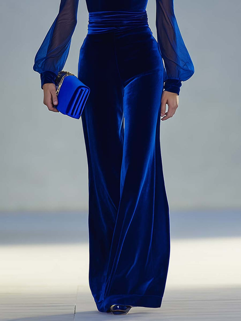 Royal blue velvet V-neck mesh long sleeve jumpsuit for women, stylish and elegant FJØRNA pants with a fitted silhouette.