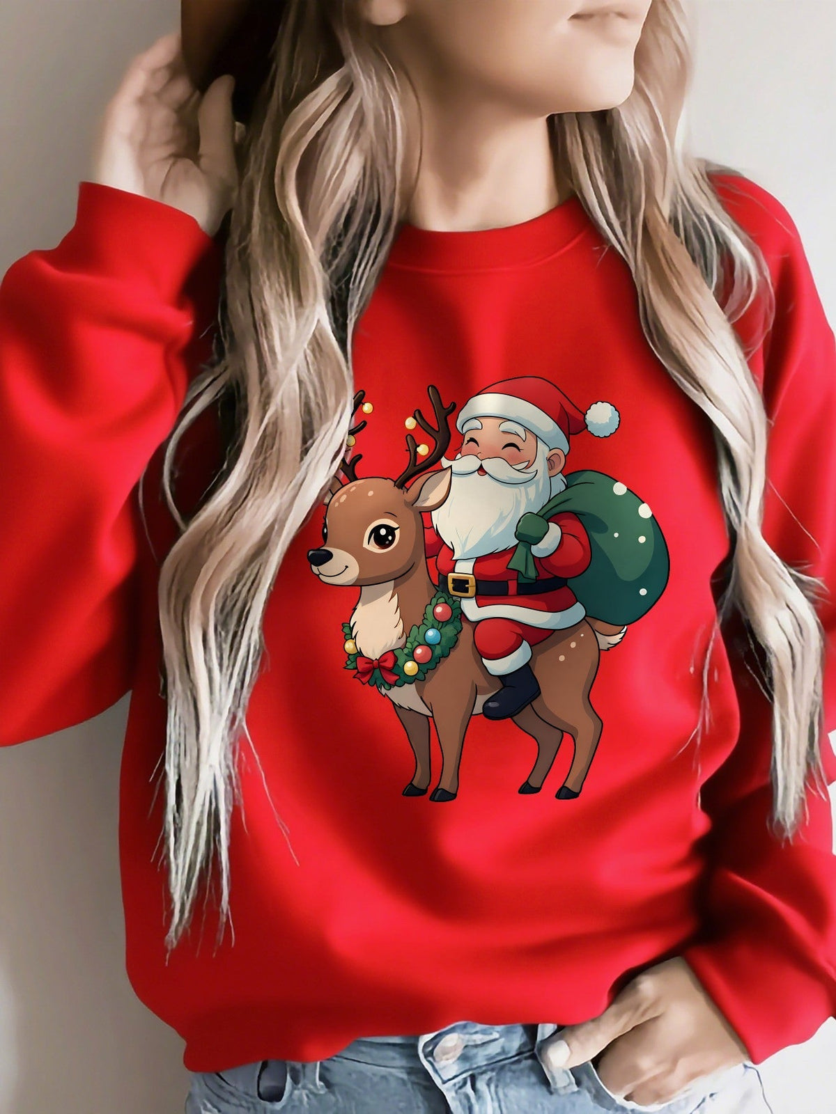 Ugly Christmas Sweater Reindeer Santa Fleece Crew Neck Tacky Holiday Jumper | Cosima