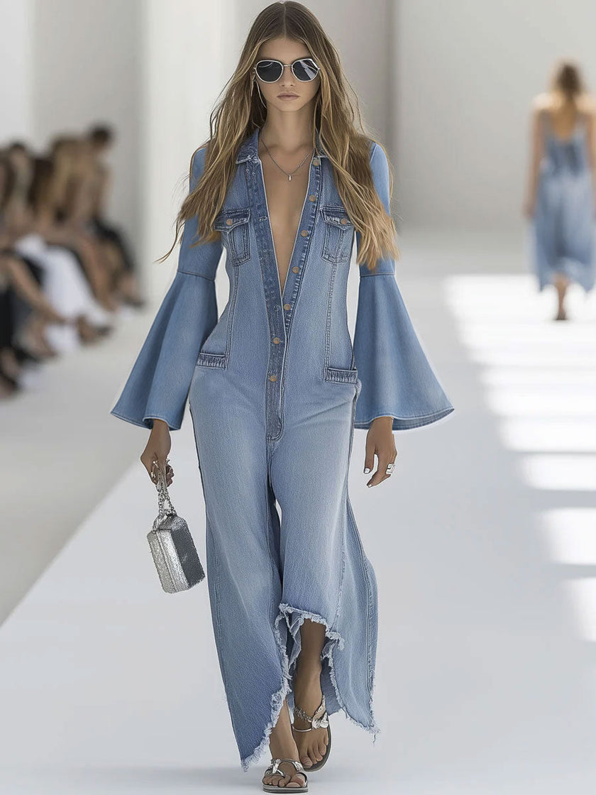 Light blue denim flared wide-leg jumpsuit with long sleeves for women, by FJØRNA, shown on a model.