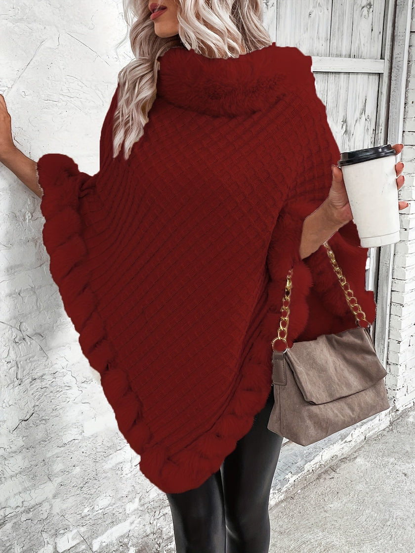 Hanne | Women's Faux-Fur Turtleneck Oversized Knit Poncho