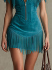 Peacock blue faux suede tassel mini dress by FJØRNA, casual style with tassel details and a fitted silhouette.