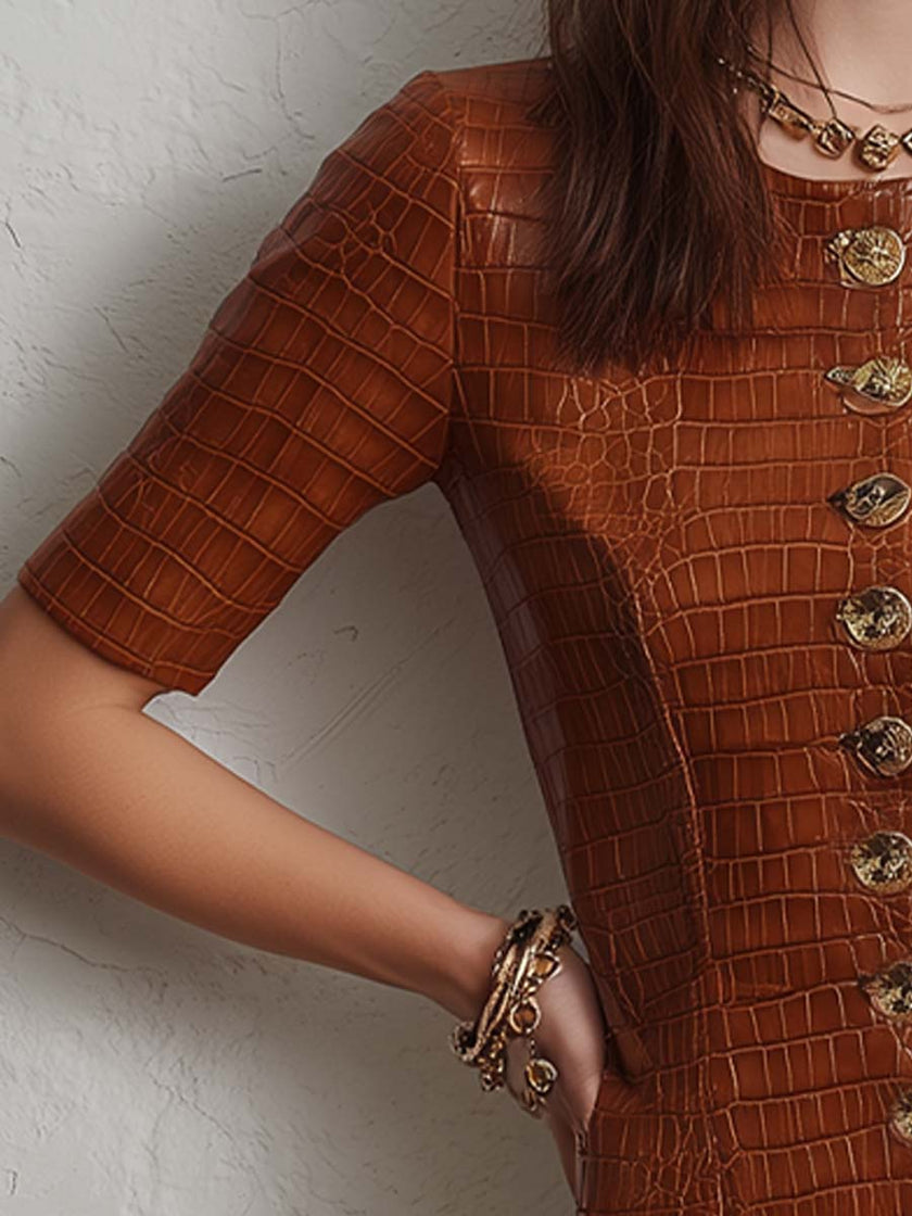 FJØRNA caramel croc-embossed faux leather midi dress displayed on a hanger, showcasing its textured crocodile pattern and elegant silhouette.