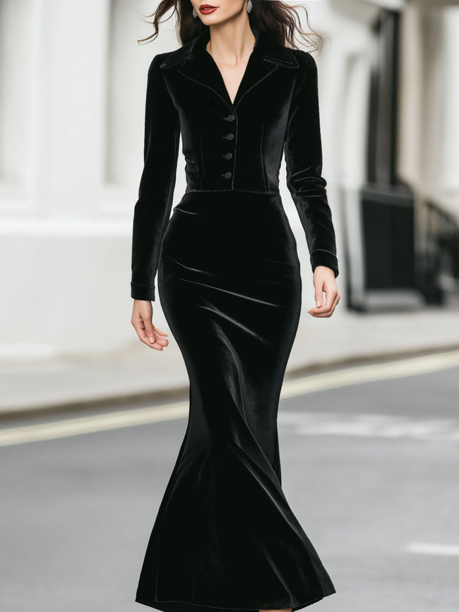 FJØRNA velvet long-sleeve mermaid dress for women, stylish buttoned design, elegant fit, and luxurious fabric.