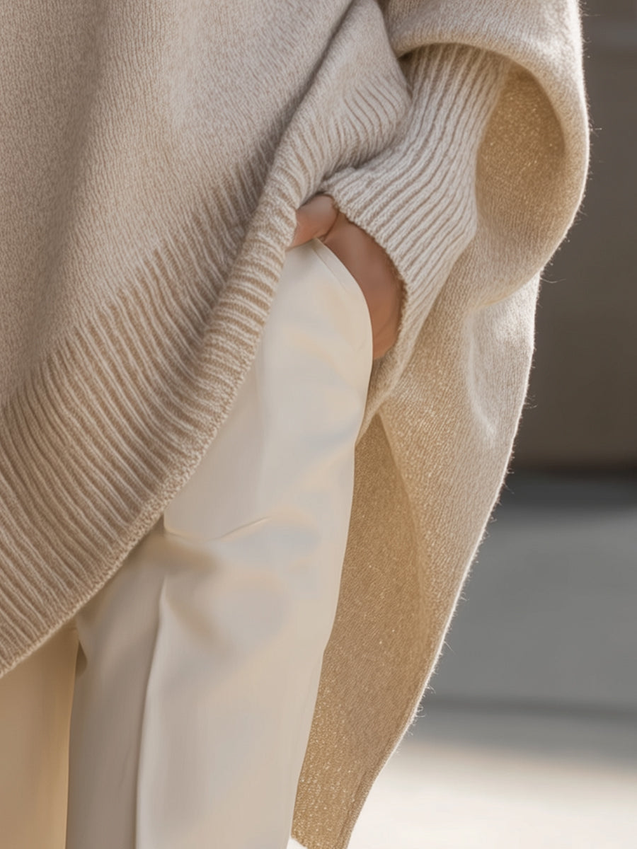 Beige Oversized Poncho Sweater with Ribbed Crew Neck and Sloped Hem for Women
