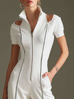 White cotton blend short sleeve wide-leg jumpsuit for women by FJØRNA, shown on a model with a relaxed fit and stylish design.