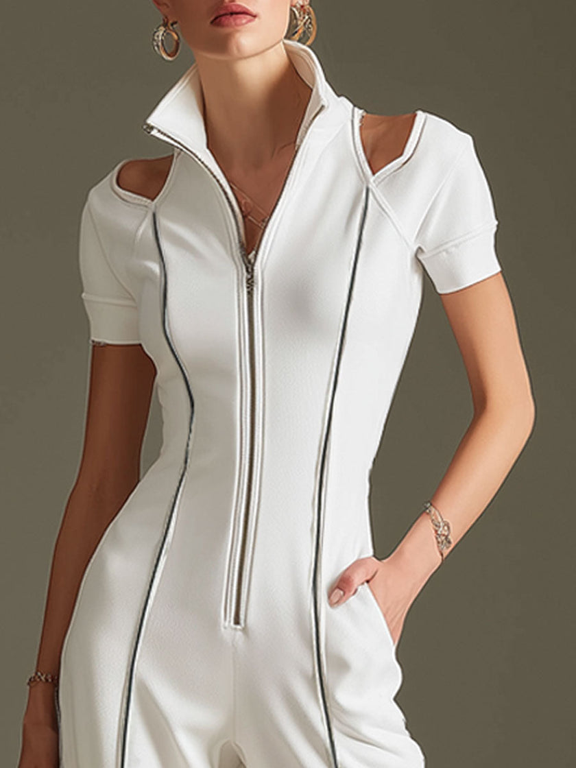 White cotton blend short sleeve wide-leg jumpsuit for women by FJØRNA, shown on a model with a relaxed fit and stylish design.