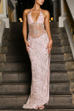 Pink beaded sequin open-back maxi gown by FJØRNA featuring intricate beadwork and elegant open back design.
