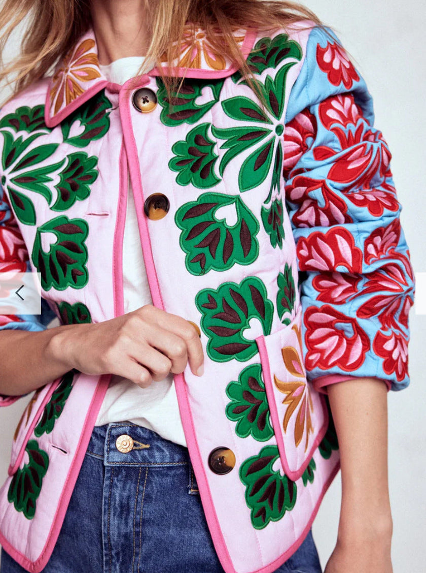 Quilted Print Jacket Women Button Front Straight Fit