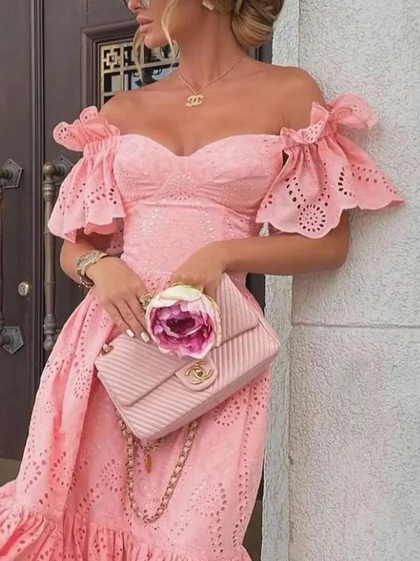 Pink FJØRNA off-shoulder midi dress for women, elegant A-line design, perfect for stylish occasions.