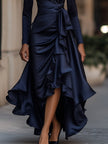 Navy blue FJØRNA satin maxi dress with draped design and ruffle details, elegant floor-length dress for formal occasions