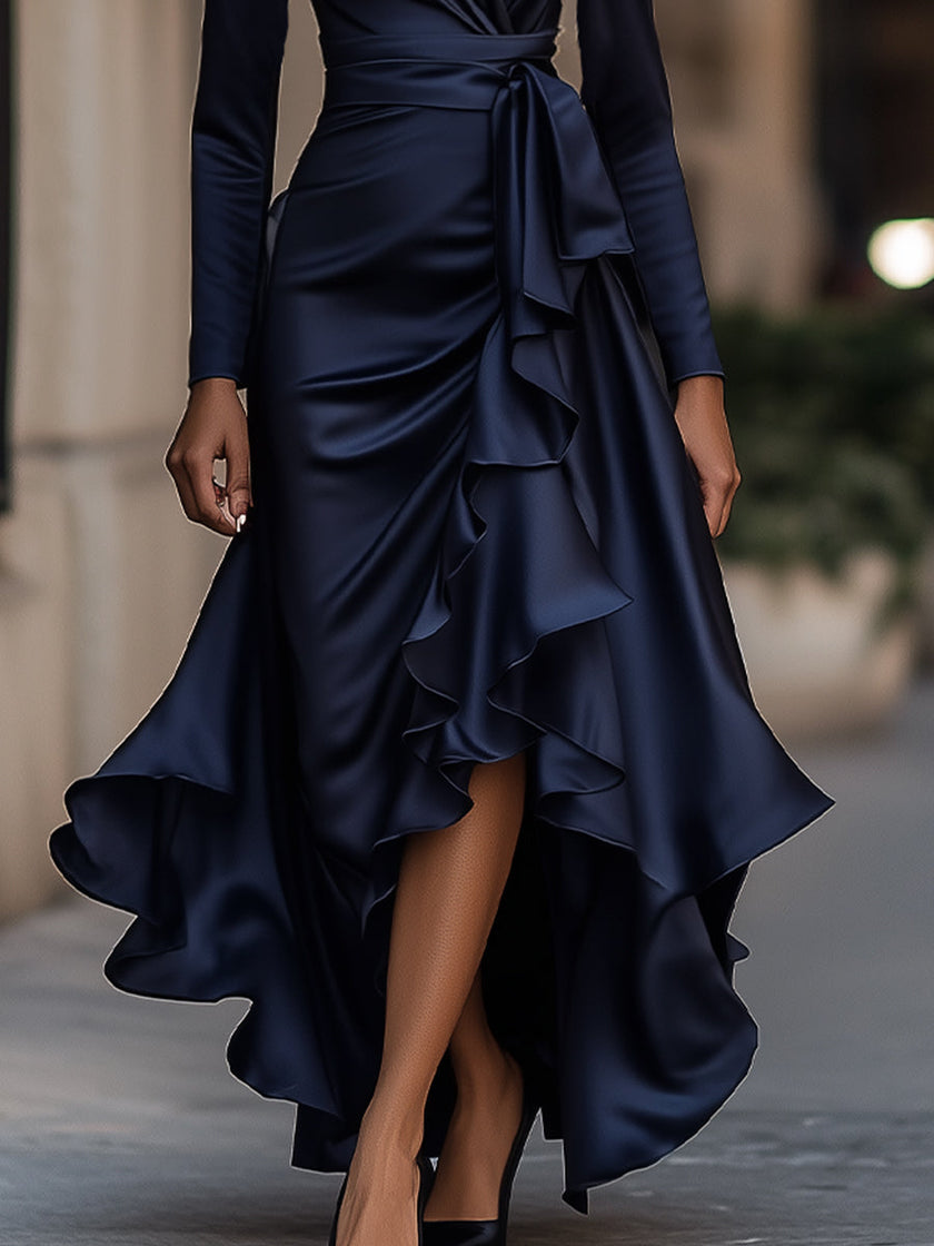 Navy blue FJØRNA satin maxi dress with draped design and ruffle details, elegant floor-length dress for formal occasions