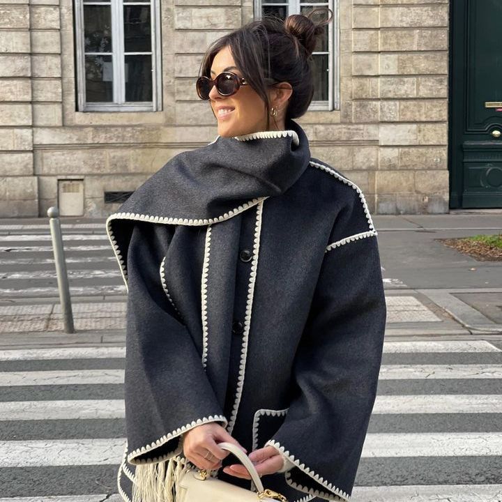 Cape Coat Open Front Fringe Hem Contrast Trim Oversized Poncho Wrap | Fenna