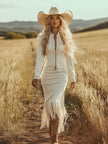 White denim tassel maxi dress by FJØRNA, casual dress with flowing silhouette and tassel details, perfect for summer wear.