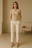 Rib Knit Polo Sweater Women Slim Fit Wool Lapel Collar