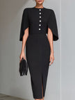 FJØRNA black cape-sleeve midi sheath dress, elegant cocktail dress with flowing cape sleeves and fitted silhouette.