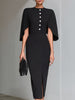 FJØRNA black cape-sleeve midi sheath dress, elegant cocktail dress with flowing cape sleeves and fitted silhouette.