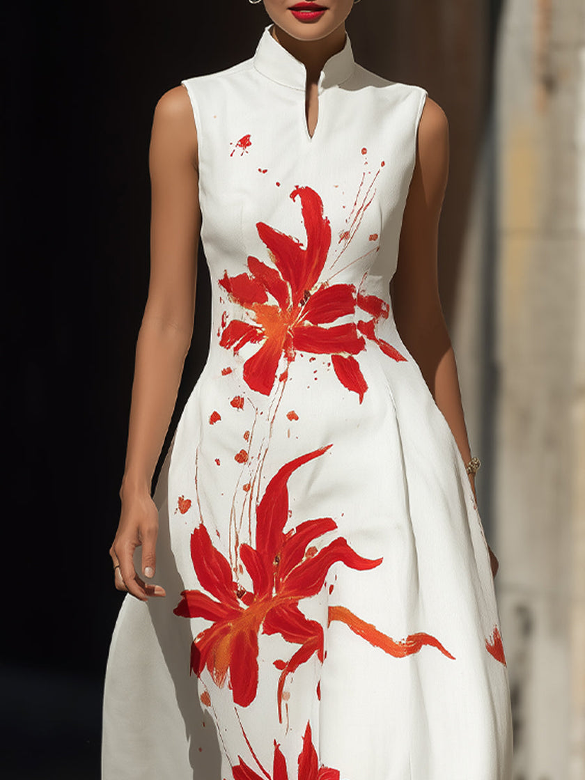 FJØRNA modern mandarin collar floral maxi dress with red lily print, featuring a stylish design and flowing fabric.
