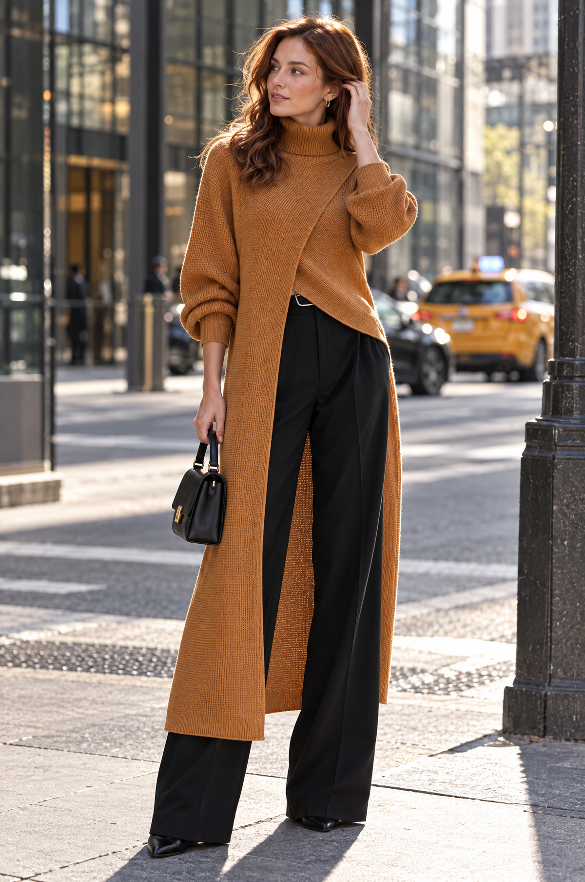 Asymmetric Wrap-Front Long Knit Top with Ribbed High Neck for Women