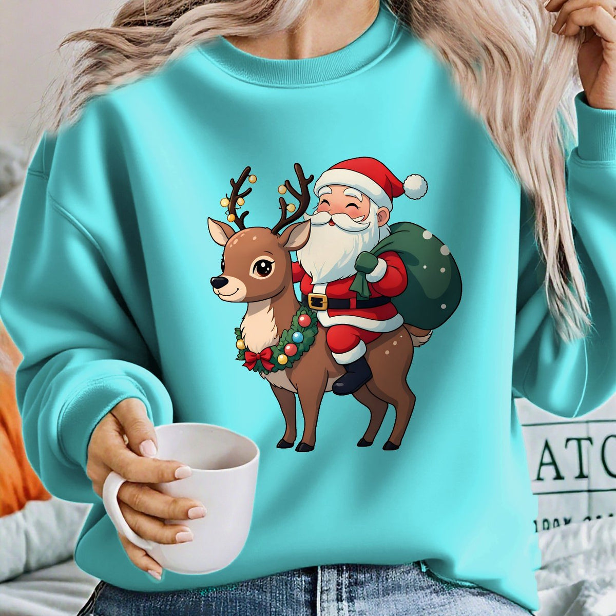 Ugly Christmas Sweater Reindeer Santa Fleece Crew Neck Tacky Holiday Jumper | Cosima