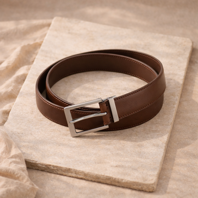 FJØRNA vegan leather ratchet belt, adjustable unisex belt with sleek design, featuring a modern buckle and smooth vegan leather finish.