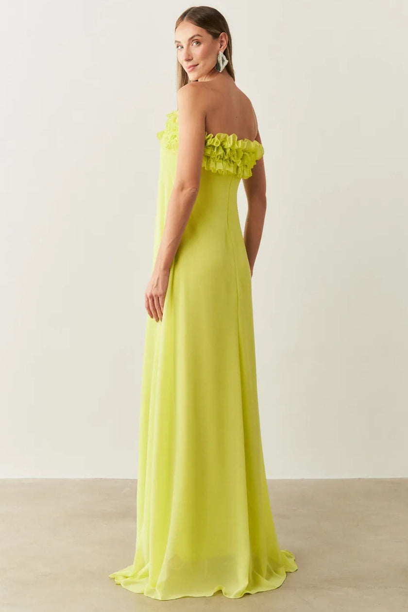 Green chiffon sleeveless maxi dress with frill details by FJØRNA, flowing and elegant for summer or special occasions.