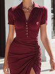 FJØRNA ruched polo-collar asymmetric slit midi dress, summer business dress with a fitted bodice and flowing skirt.