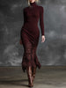 FJØRNA burgundy lace maxi dress, elegant evening dress with intricate lace details and flowing silhouette.
