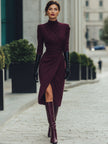 Deep burgundy FJØRNA draped wrap midi dress, summer business dress with elegant draping and a fitted waist.