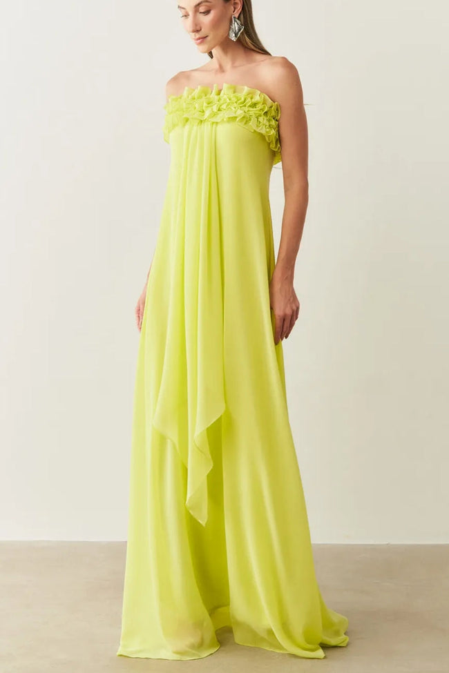 Green chiffon frill sleeveless maxi dress by FJØRNA, featuring flowing fabric and elegant ruffle details.