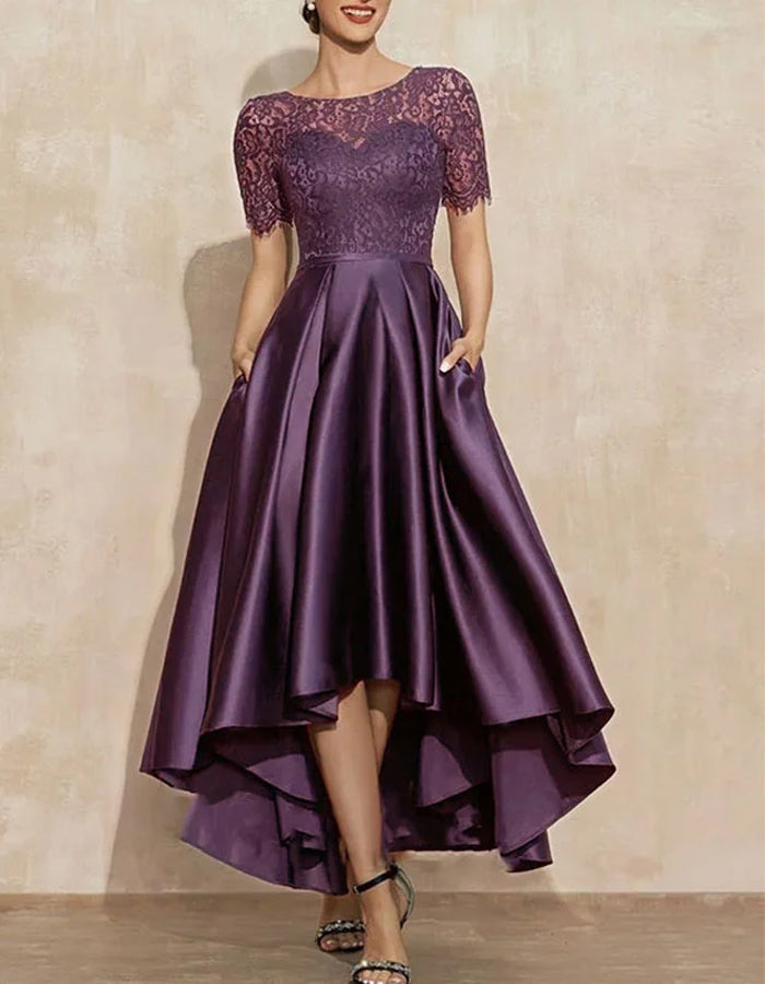 FJØRNA satin midi dress for women, round neck two-piece set with short sleeves, elegant and stylish for special occasions.