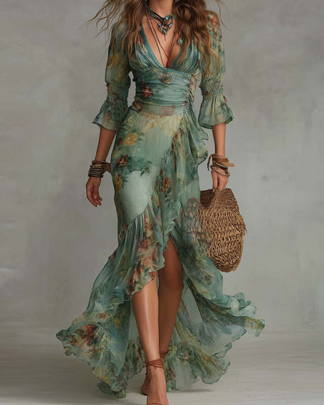 FJØRNA women's wrap dress featuring a flowy fabric and elegant design, perfect for casual or formal occasions.