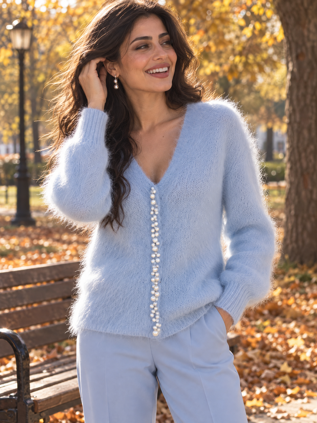 Fuzzy Knit V-Neck Cardigan with Pearl Embellishment for Women