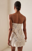 White Rosette Georgette Frilled Mini Dress by FJØRNA, elegant wedding guest dress with ruffles and floral rosette details.