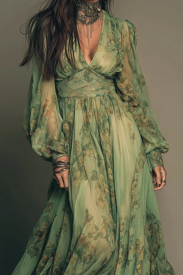 FJØRNA botanical print V-neck long-sleeved fitted waist casual maxi dress displayed on a model.