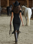 Black faux suede floral midi dress by FJØRNA featuring a casual style, with a fitted bodice and flowing skirt.