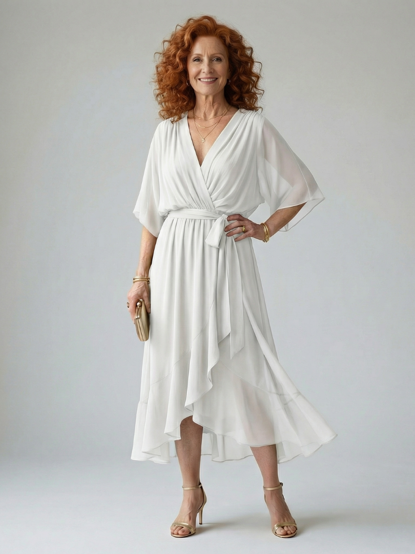 Flowy lightweight summer midi dress for women by FJØRNA, featuring a breezy, feminine design perfect for warm weather.