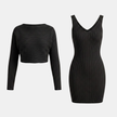 FJØRNA women's ribbed knit top and skirt co-ord set, two-piece set in matching ribbed fabric, displayed on a hanger.