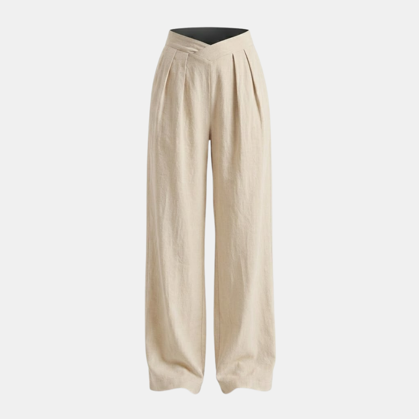 Women’s criss-cross waist wide-leg trousers by FJØRNA, loose pull-on pants in lightweight fabric, shown in a relaxed fit.
