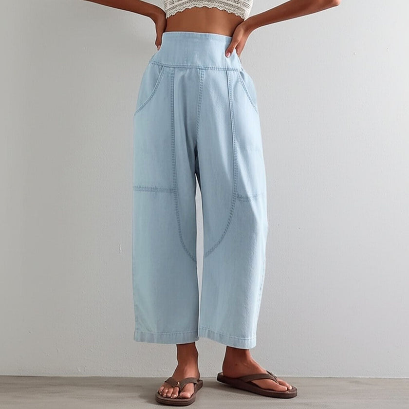 Women’s wide-leg denim jeans by FJØRNA, showcasing relaxed fit and classic blue denim fabric.